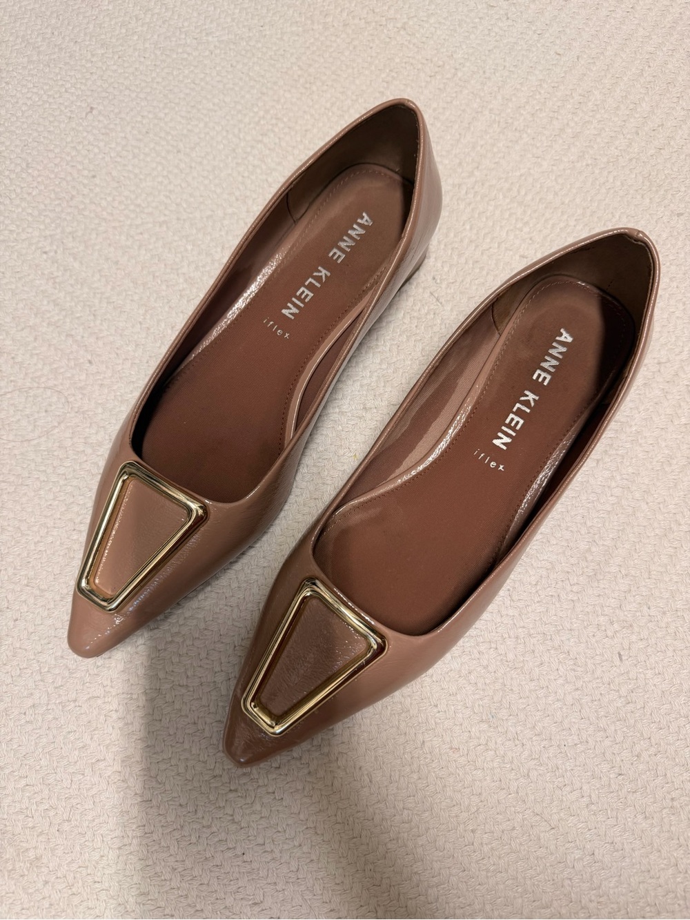 Anne Klein Tan Pointed Toe Flats with Gold Triangle Accent